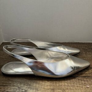 Marc Fisher LTD Graceful Silver Leather Slingback Pointed Toe Ballerina Flats